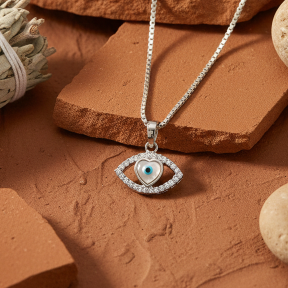 Marquise Amour Heart & Mother of Pearl Evil Eye Pendant – 925 Sterling Silver