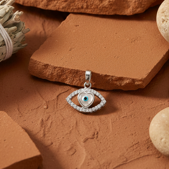 Marquise Amour Heart & Mother of Pearl Evil Eye Pendant – 925 Sterling Silver
