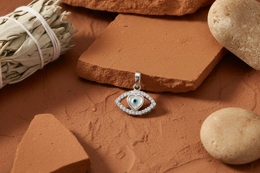 Marquise Amour Heart & Mother of Pearl Evil Eye Pendant – 925 Sterling Silver
