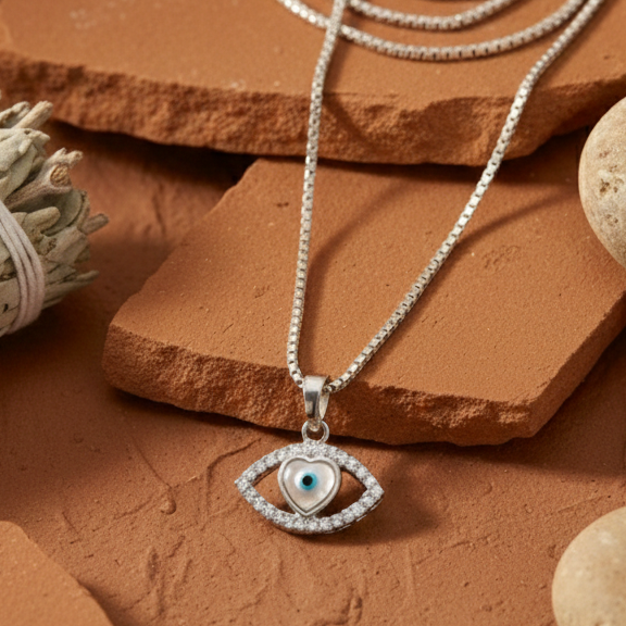 Marquise Amour Heart & Mother of Pearl Evil Eye Pendant – 925 Sterling Silver