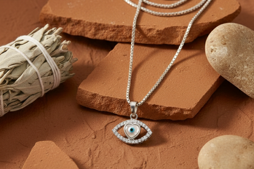 Marquise Amour Heart & Mother of Pearl Evil Eye Pendant – 925 Sterling Silver