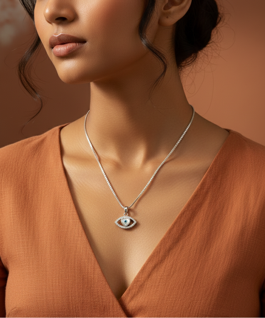 Marquise Amour Heart & Mother of Pearl Evil Eye Pendant – 925 Sterling Silver