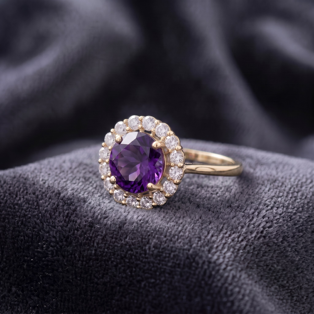 Round Cut Amethyst Halo Statement Ring in 925 Sterling Silver