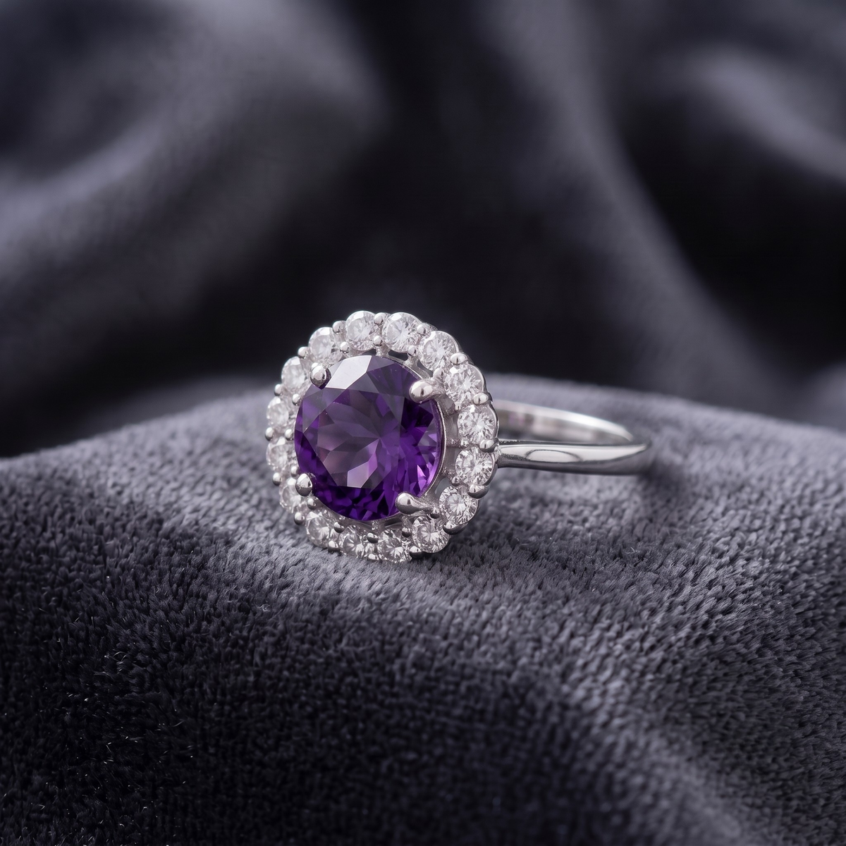 Round Cut Amethyst Halo Statement Ring in 925 Sterling Silver