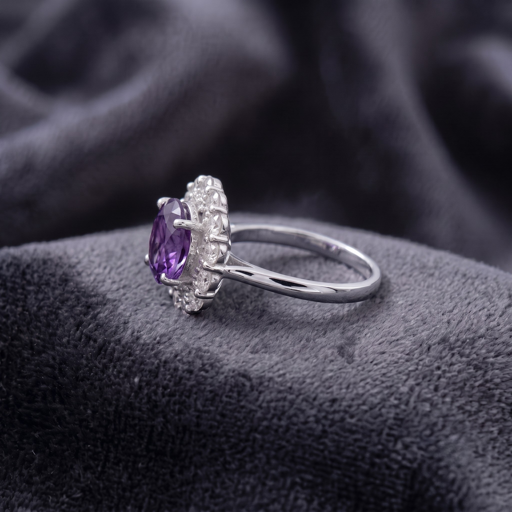 Round Cut Amethyst Halo Statement Ring in 925 Sterling Silver