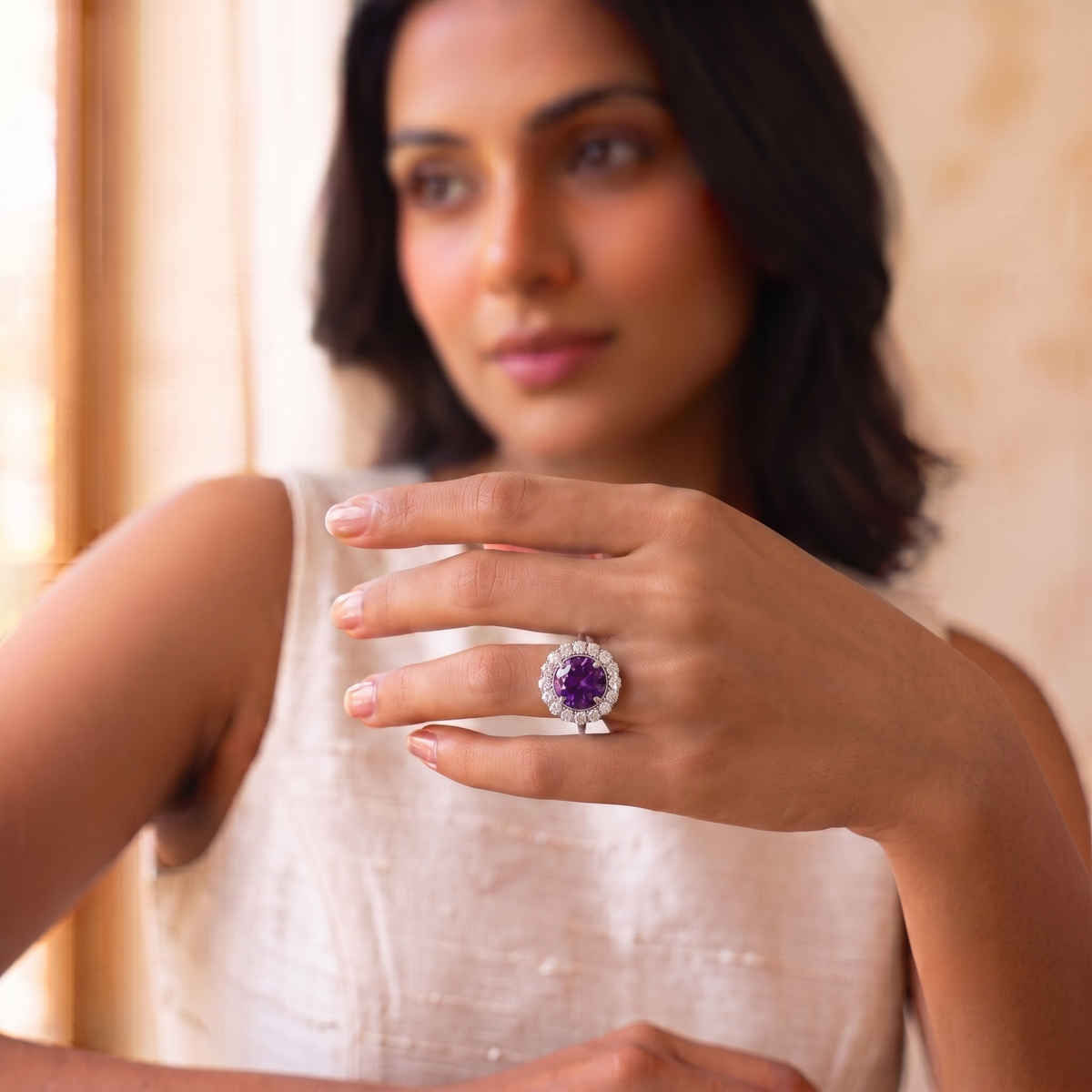 Round Cut Amethyst Halo Statement Ring in 925 Sterling Silver