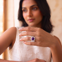 Round Cut Amethyst Halo Statement Ring in 925 Sterling Silver