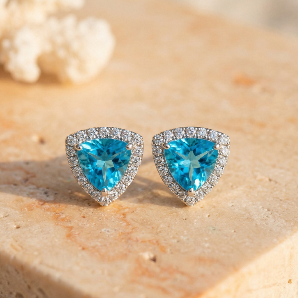 Striking Azure Trillion Halo Studs - 925 Sterling Silver