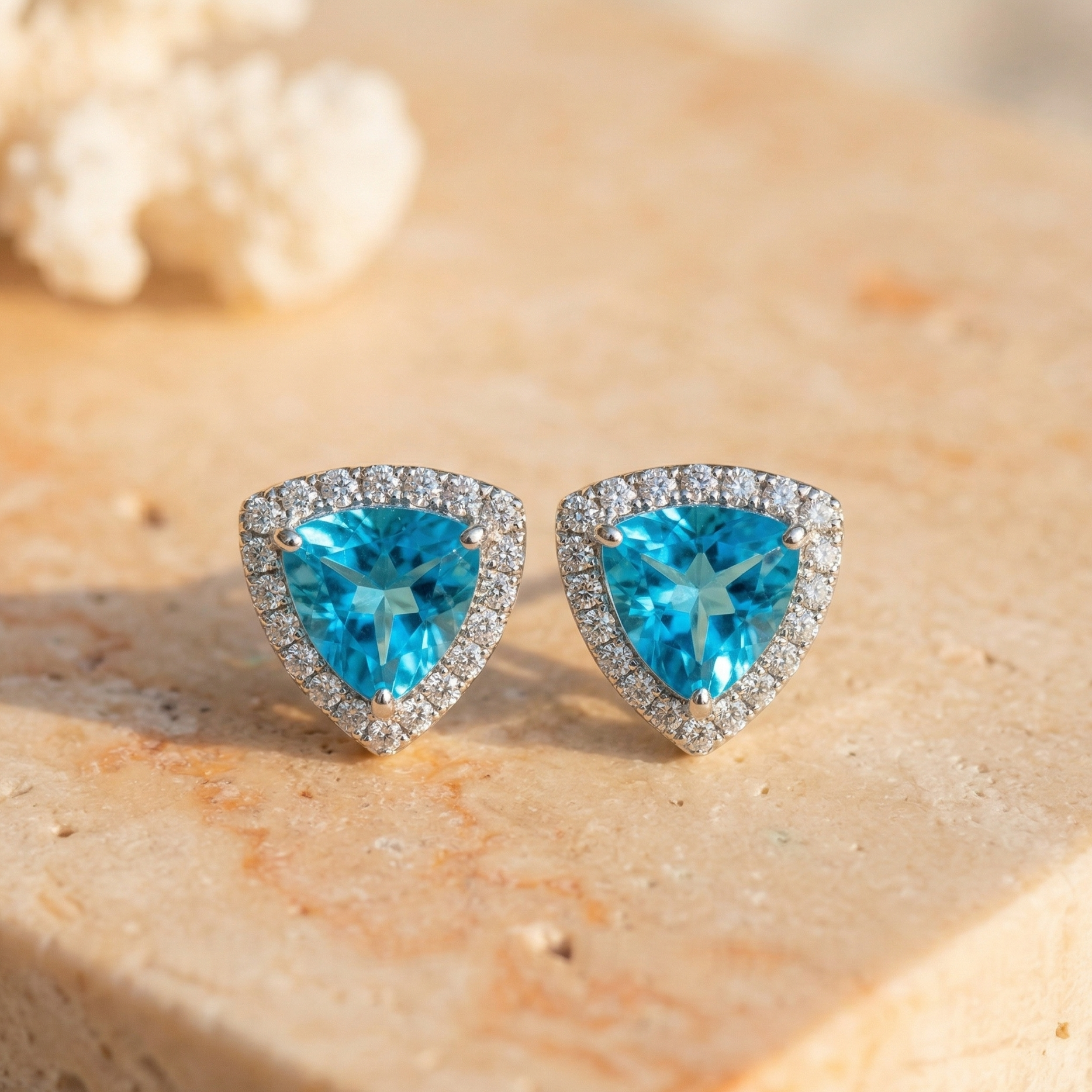 Striking Azure Trillion Halo Studs - 925 Sterling Silver