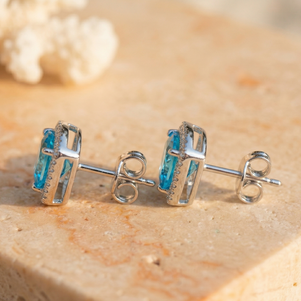 Striking Azure Trillion Halo Studs - 925 Sterling Silver
