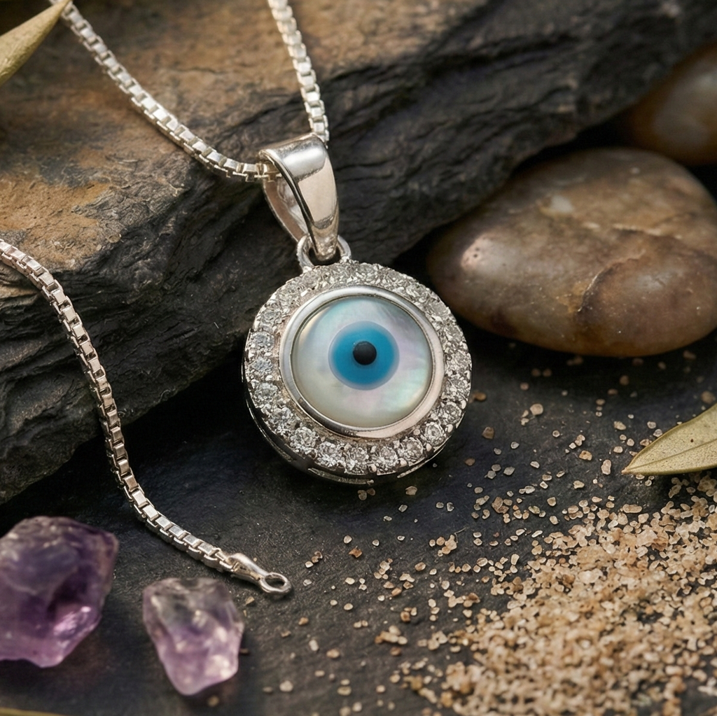 Azure Halo Evil Eye Pendant Necklace – 925 Sterling Silver