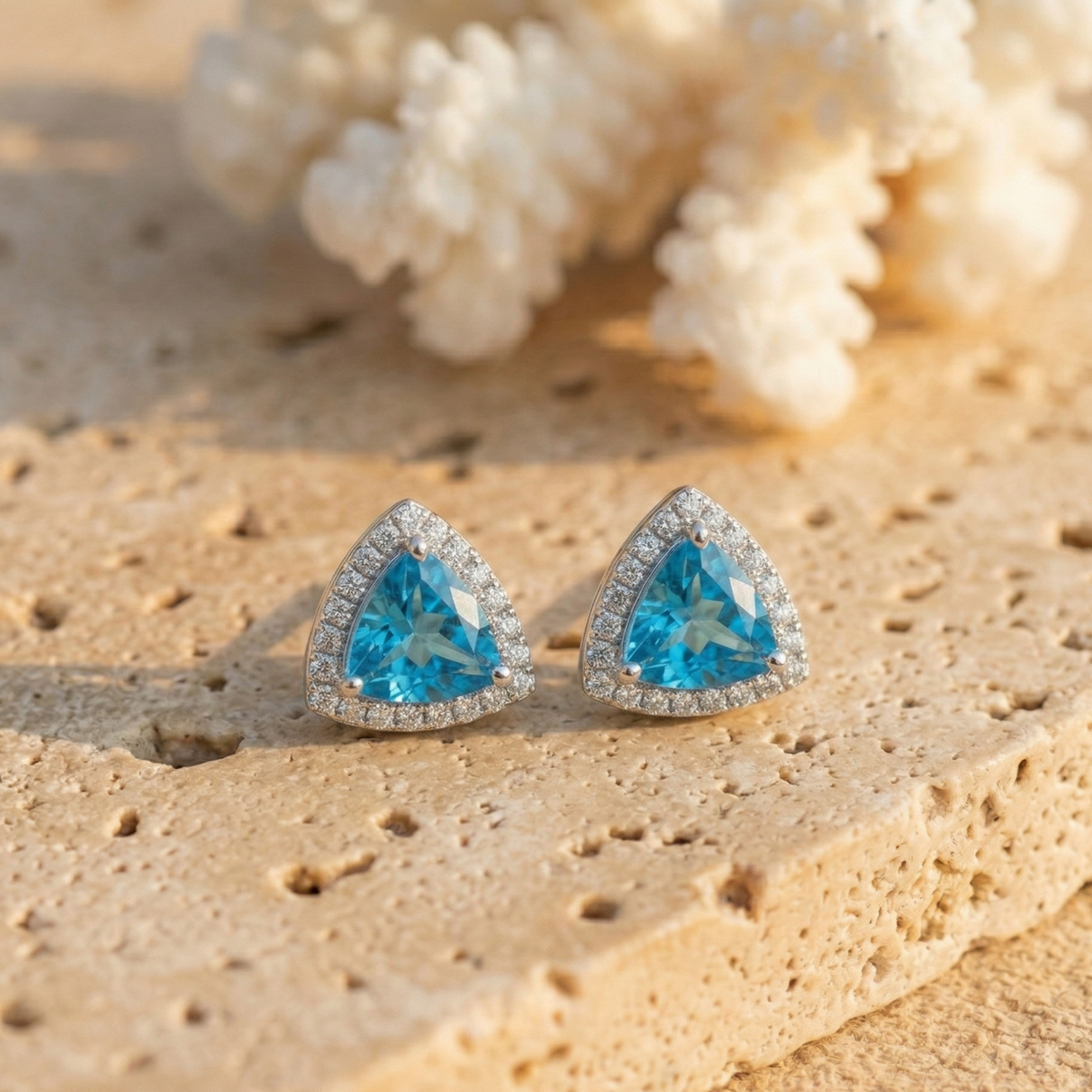 Striking Azure Trillion Halo Studs - 925 Sterling Silver