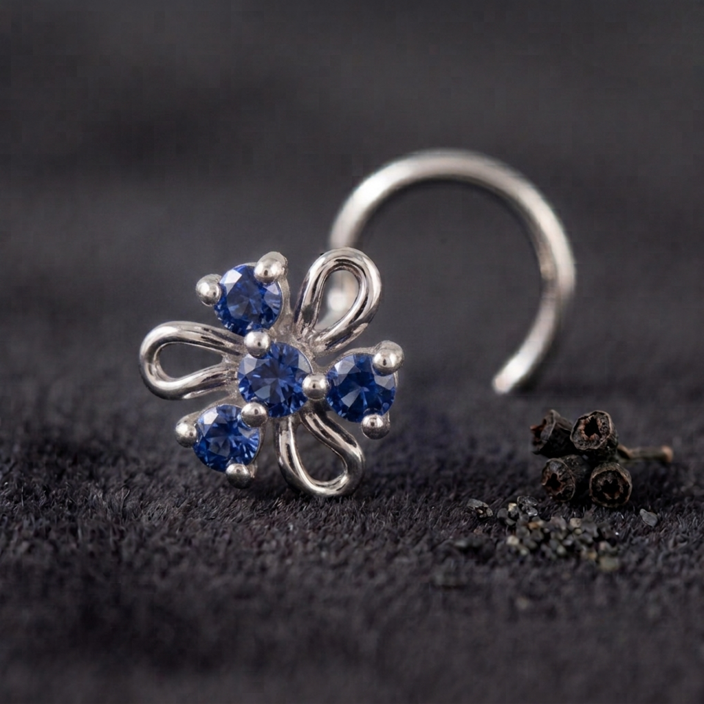 Azure Swirl Floral Nose Pin in 925 Sterling Silver