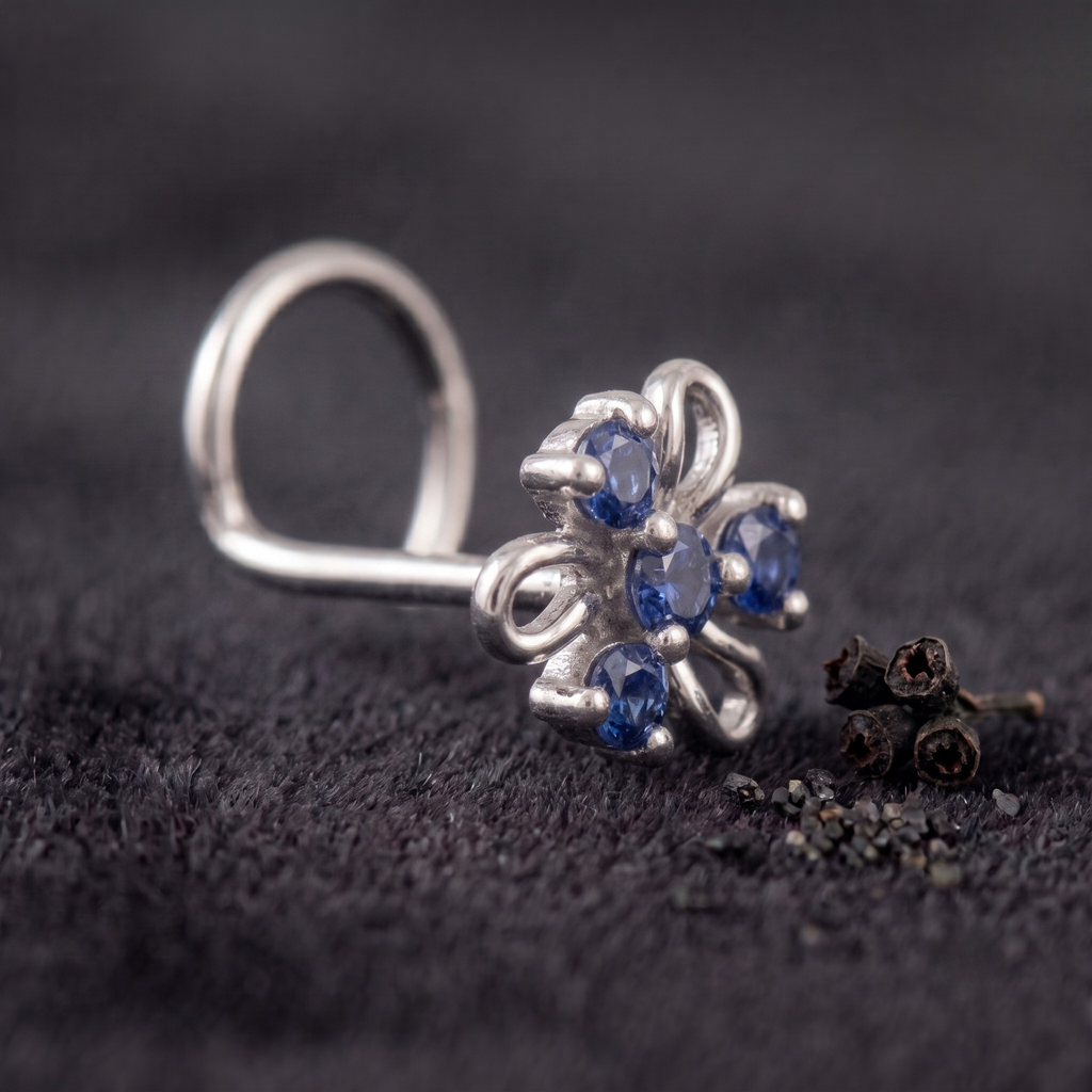 Azure Swirl Floral Nose Pin in 925 Sterling Silver