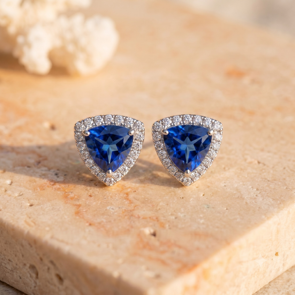Striking Azure Trillion Halo Studs - 925 Sterling Silver