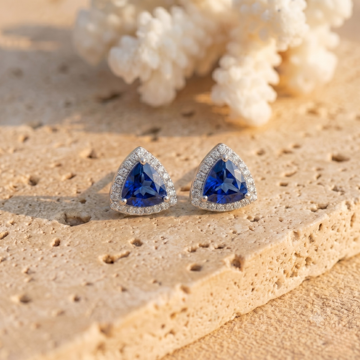 Striking Azure Trillion Halo Studs - 925 Sterling Silver