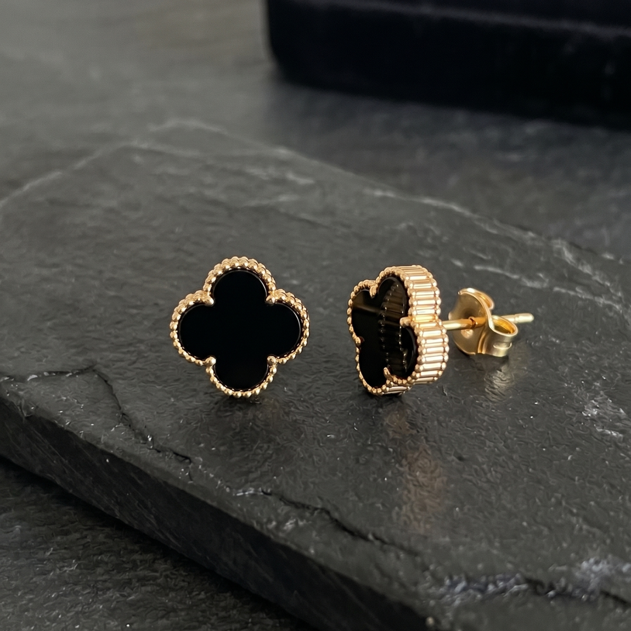 Natural Black Onyx Clover Stud Earrings - 925 Sterling Silver