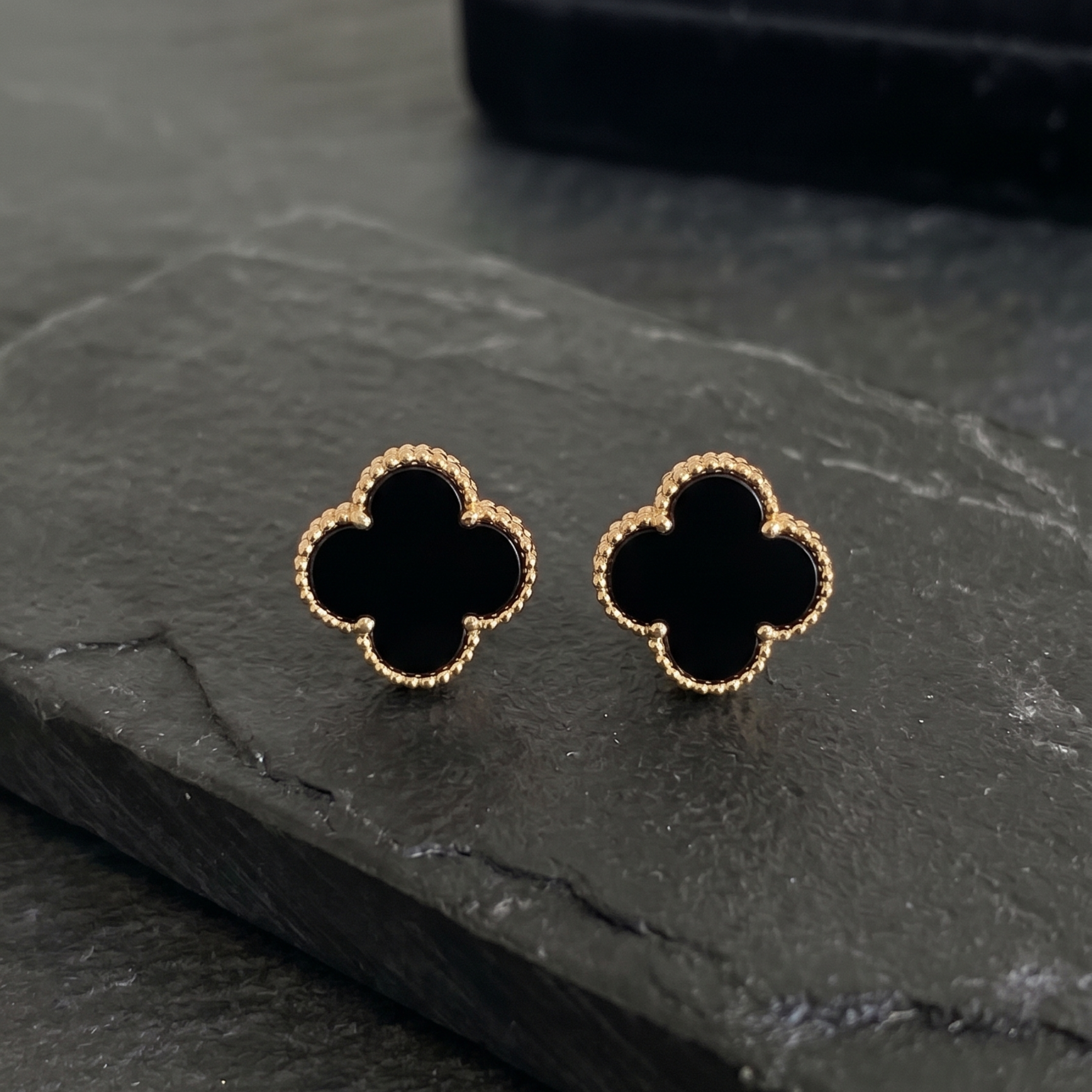 Natural Black Onyx Clover Stud Earrings - 925 Sterling Silver