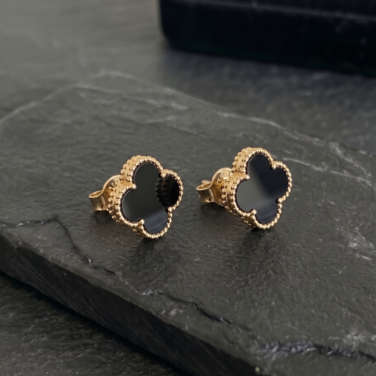 Natural Black Onyx Clover Stud Earrings - 925 Sterling Silver