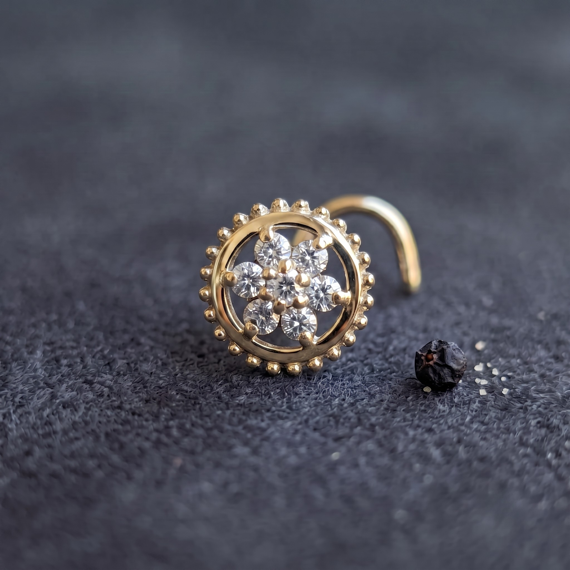 Beaded Halo Floral Nose Pin in 925 Sterling Silver