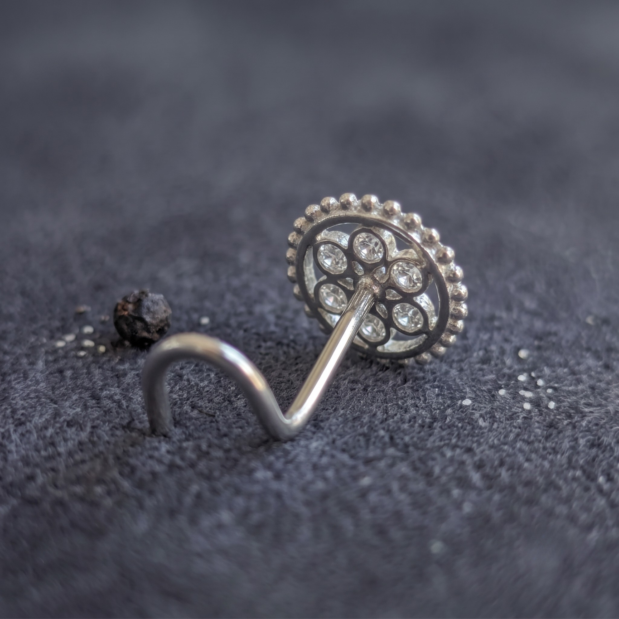 Beaded Halo Floral Nose Pin in 925 Sterling Silver