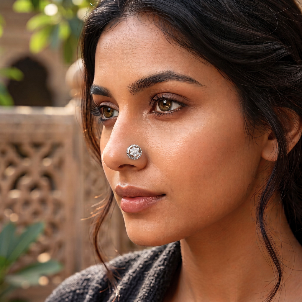 Beaded Halo Floral Nose Pin in 925 Sterling Silver