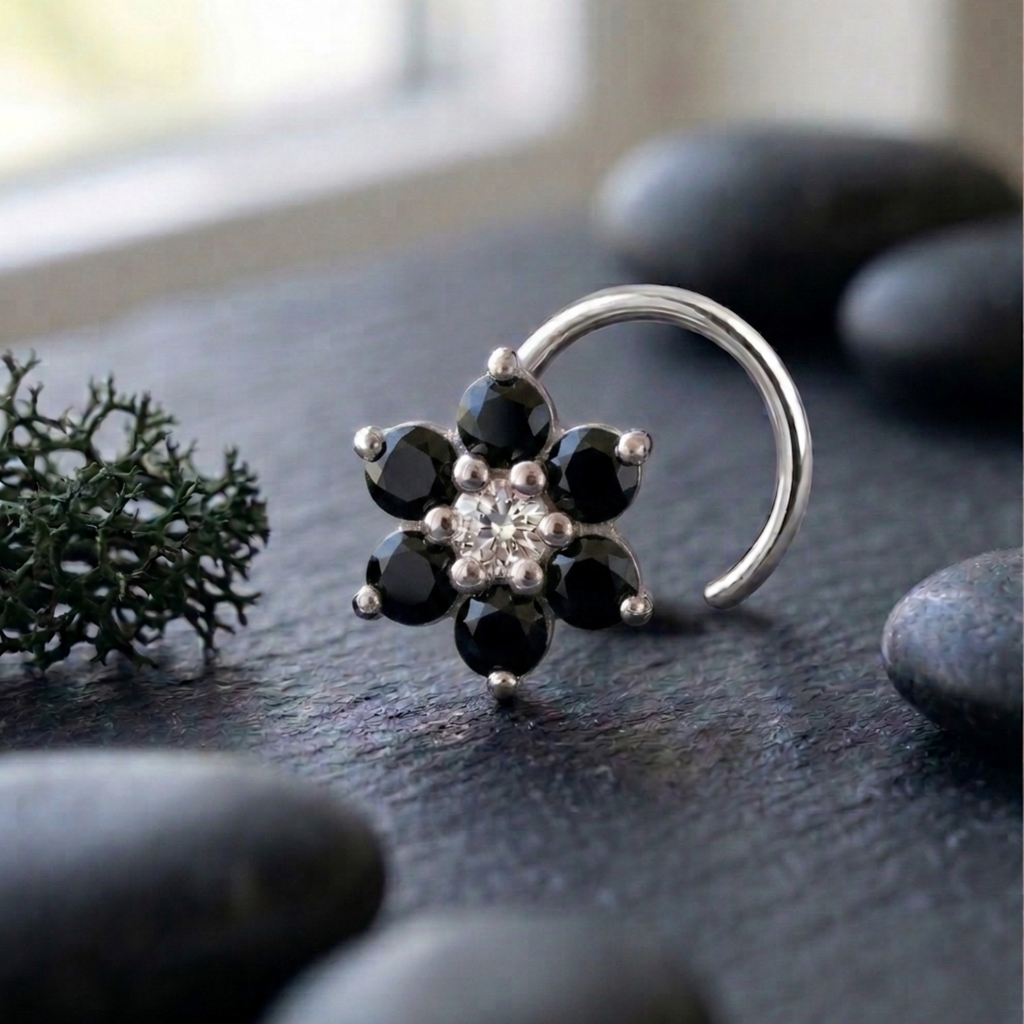 Midnight Daisy Nose Pin in 925 Sterling Silver