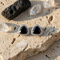Bold Black Onyx Trillion Halo Studs - 925 Sterling Silver