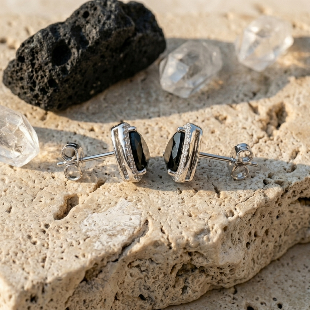 Bold Black Onyx Trillion Halo Studs - 925 Sterling Silver