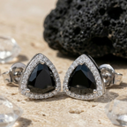 Bold Black Onyx Trillion Halo Studs - 925 Sterling Silver