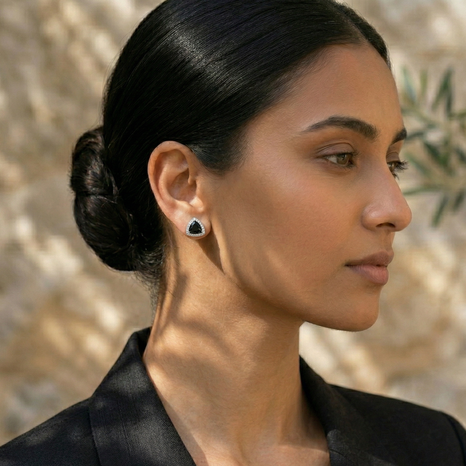 Bold Black Onyx Trillion Halo Studs - 925 Sterling Silver