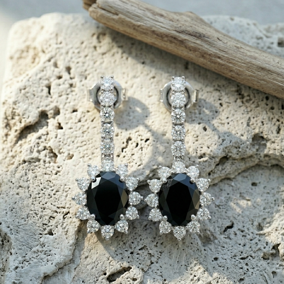 Bold Black Onyx Halo Drop Earrings - 925 Sterling Silver
