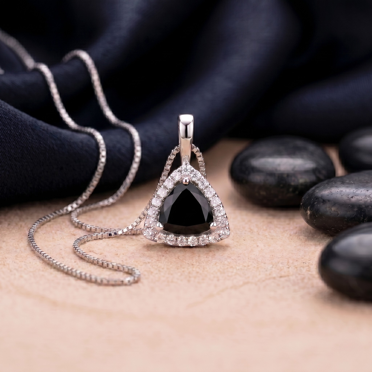 Trillion Cut Black Onyx Halo Pendant in 925 Sterling Silver