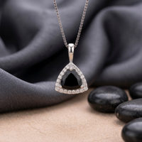 Trillion Cut Black Onyx Halo Pendant in 925 Sterling Silver