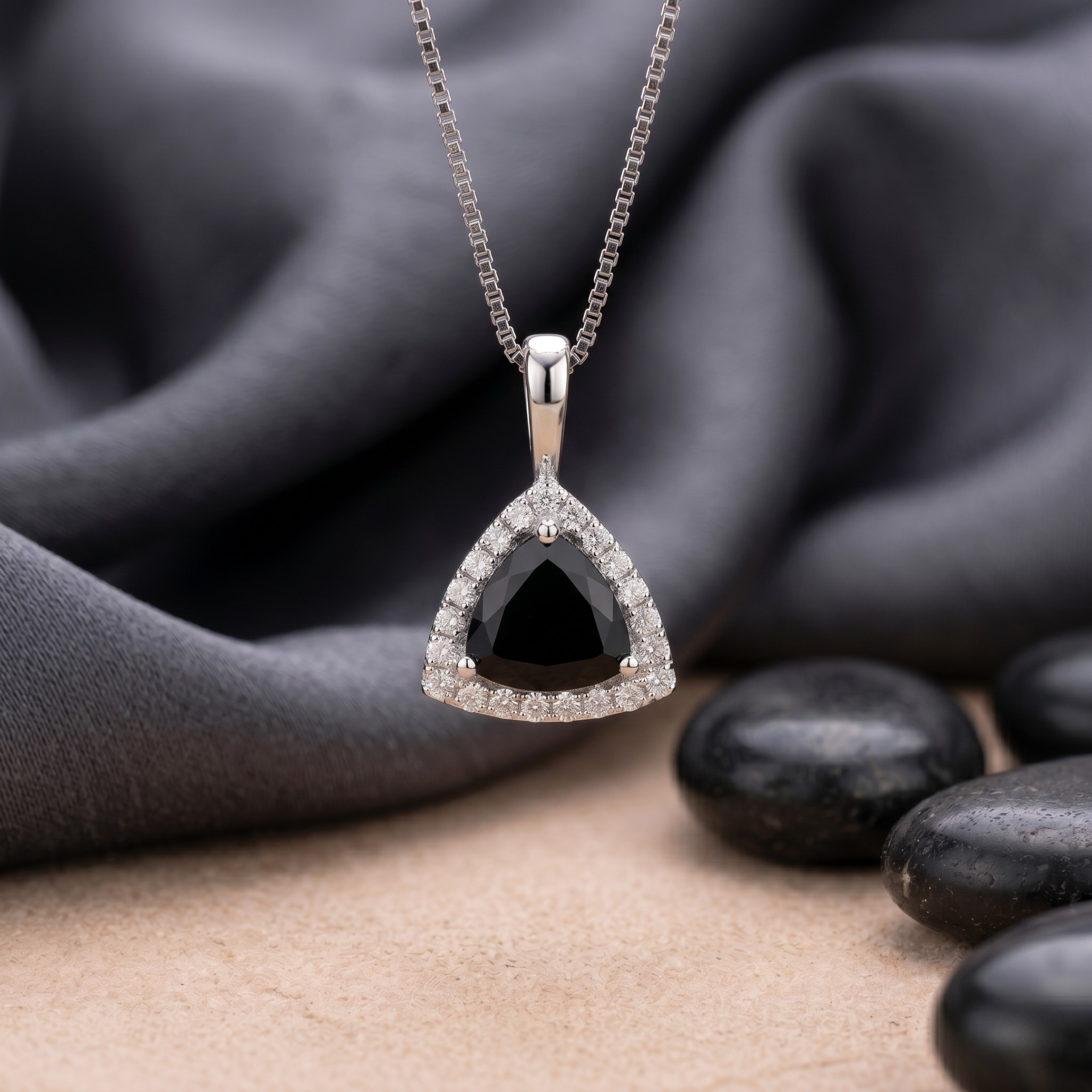 Trillion Cut Black Onyx Halo Pendant in 925 Sterling Silver