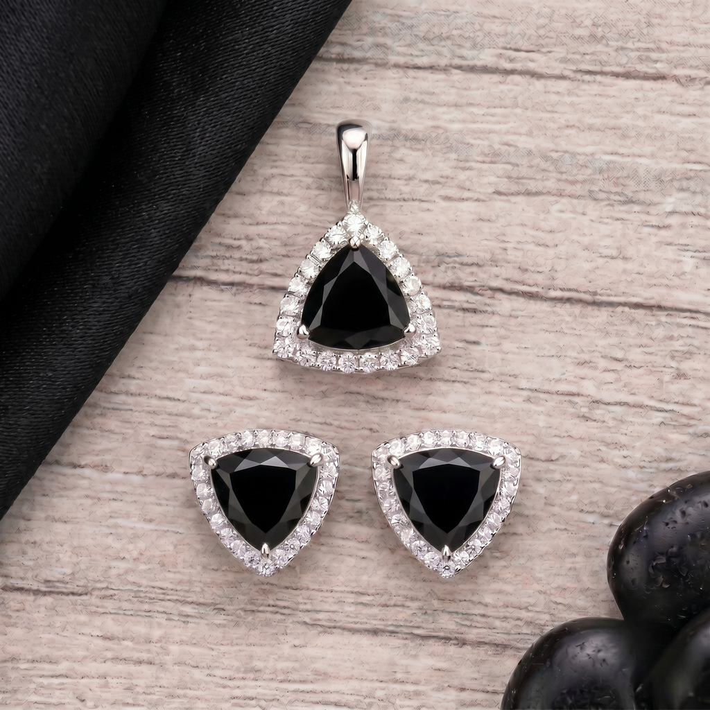 Trillion Cut Black Onyx Halo Pendant Set in 925 Sterling Silver
