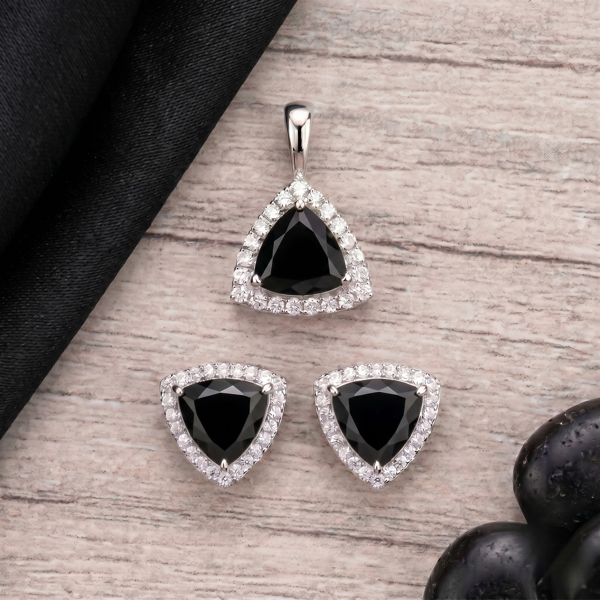Trillion Cut Black Onyx Halo Pendant Set in 925 Sterling Silver