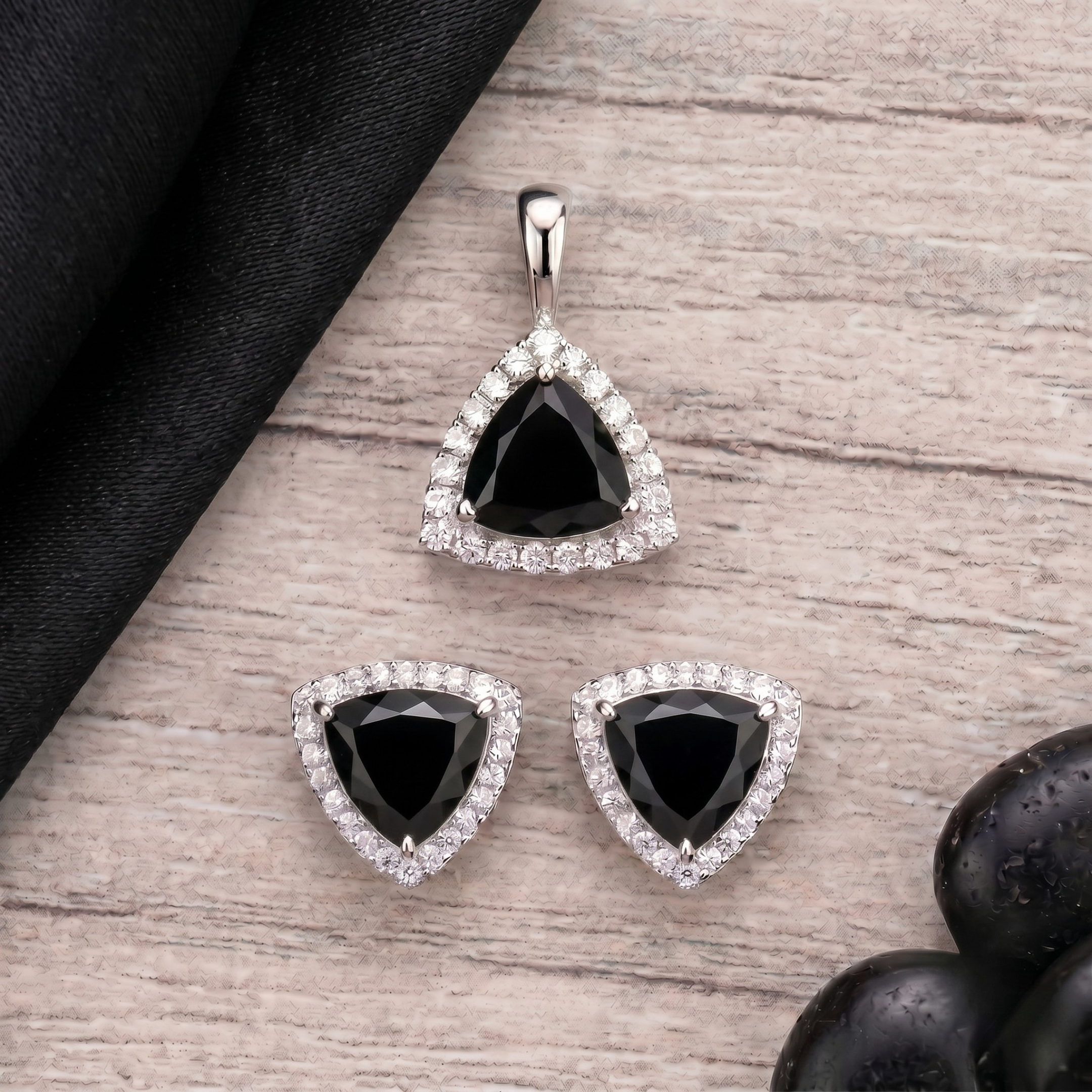 Trillion Cut Black Onyx Halo Pendant Set in 925 Sterling Silver