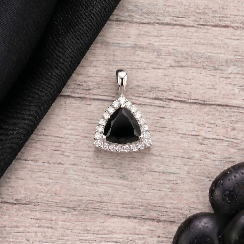 Trillion Cut Black Onyx Halo Pendant Set in 925 Sterling Silver