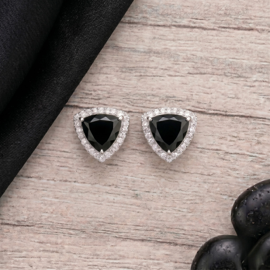 Trillion Cut Black Onyx Halo Pendant Set in 925 Sterling Silver