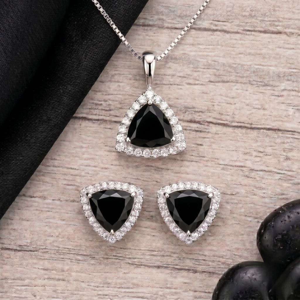Trillion Cut Black Onyx Halo Pendant Set in 925 Sterling Silver