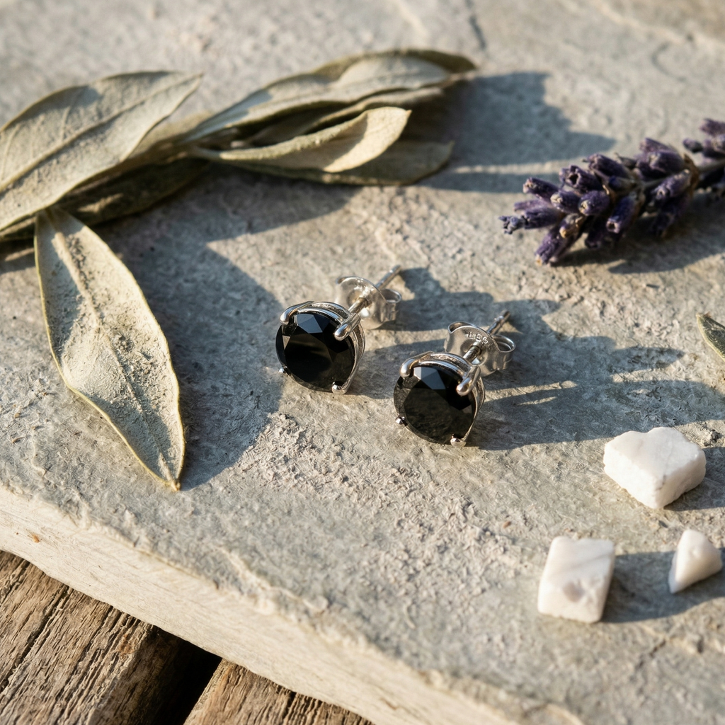 Modern Black Onyx Round Studs – 925 Sterling Silver