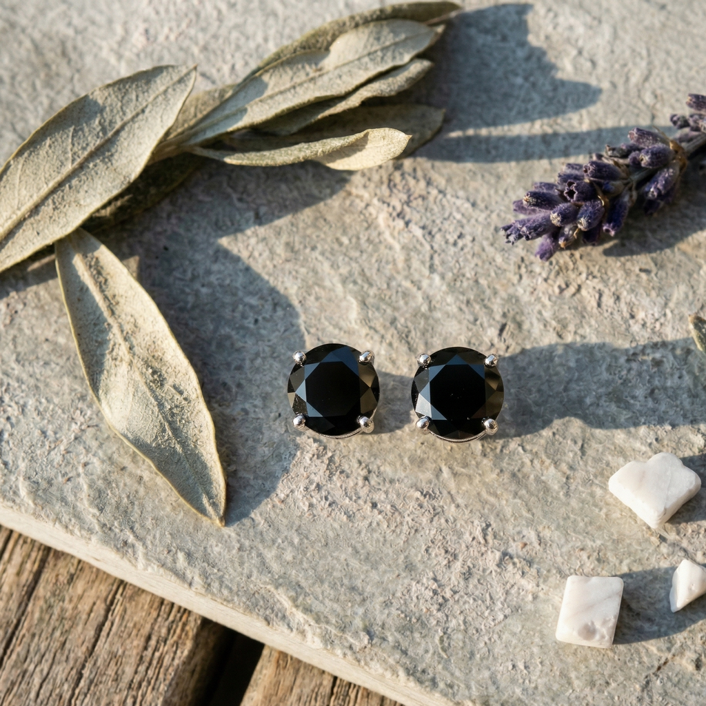 Modern Black Onyx Round Studs – 925 Sterling Silver