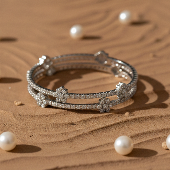 Blossom Aura Floral Cluster Bangle in 925 Sterling Silver