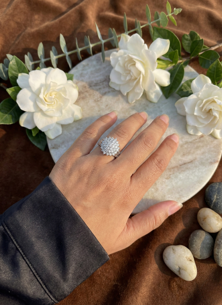 925 Sterling Silver Radiant Bloom Cluster Adjustable Ring