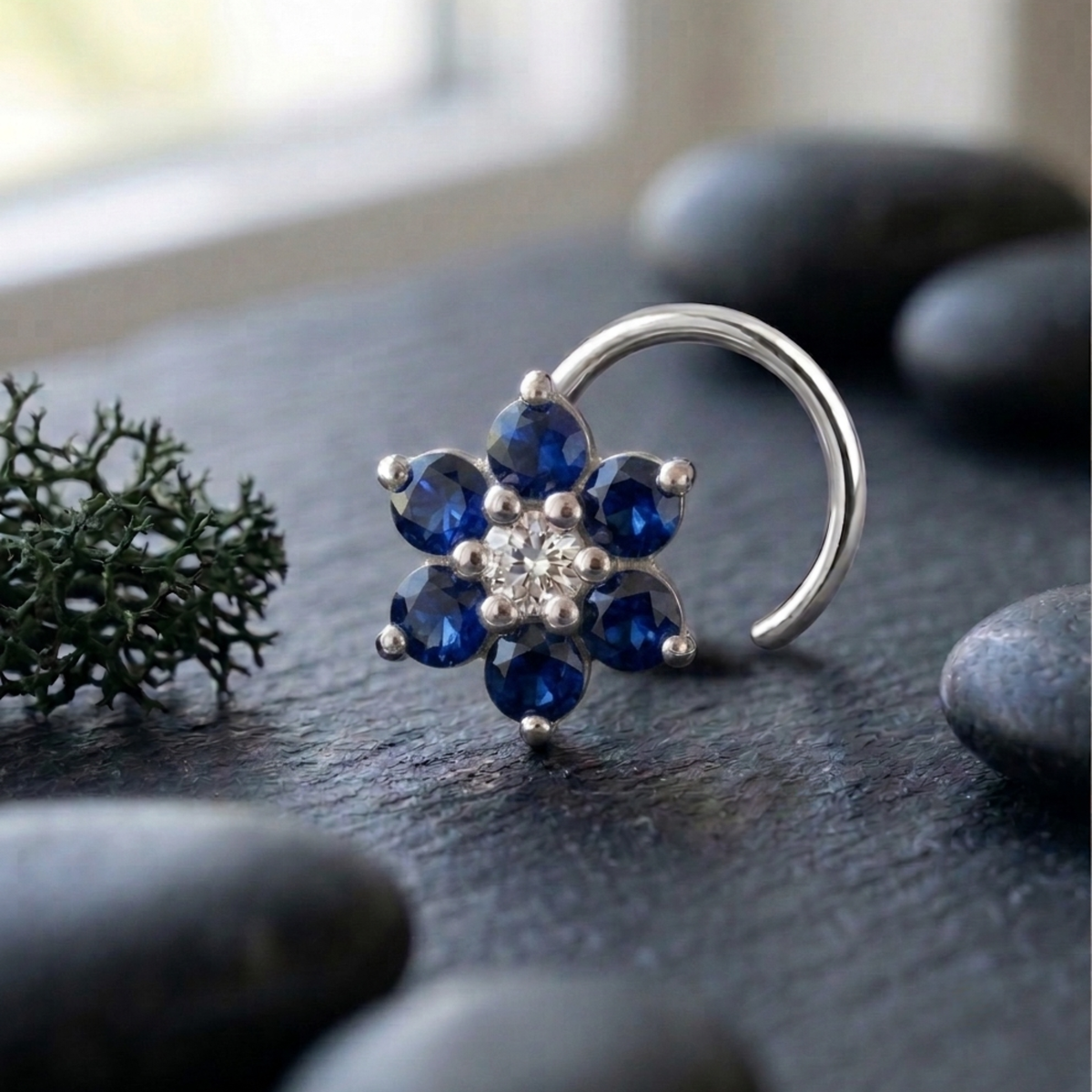 Sapphire Daisy Nose Pin in 925 Sterling Silver