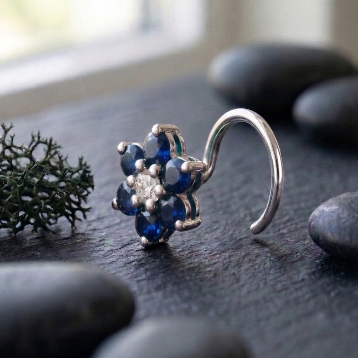 Sapphire Daisy Nose Pin in 925 Sterling Silver