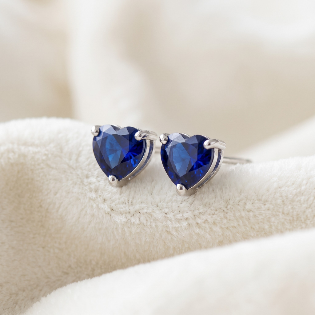 Royal Blue Heart Solitaire Studs | 925 Sterling Silver