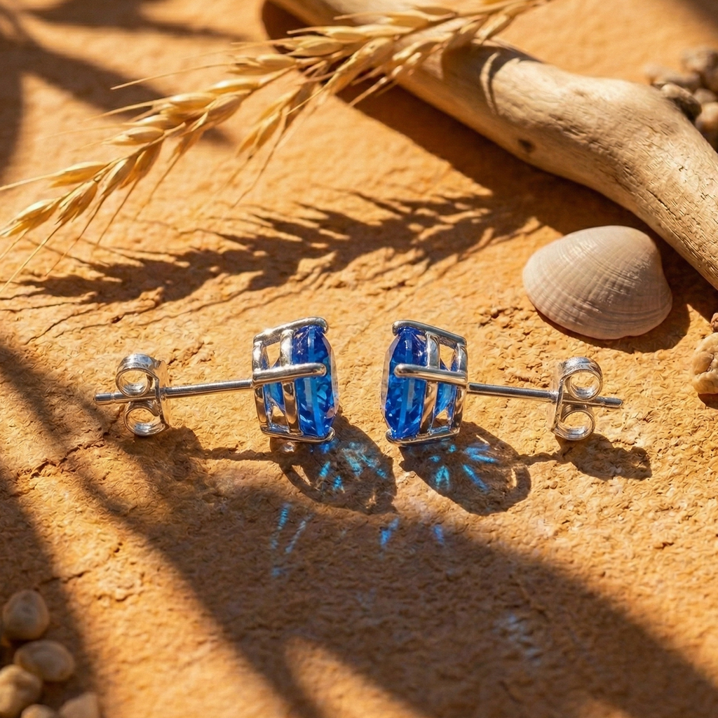 Blue Sapphire Solitaire Studs - 925 Sterling Silver