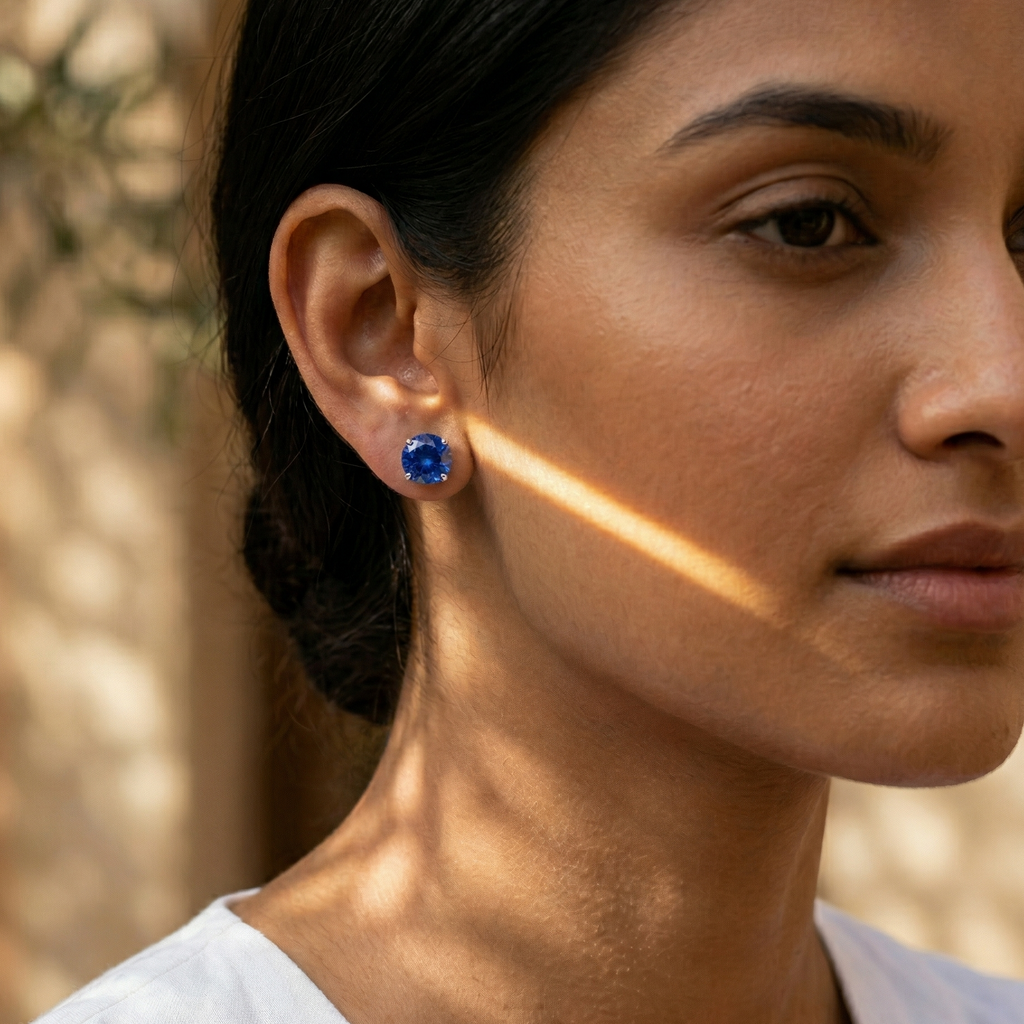 Blue Sapphire Solitaire Studs - 925 Sterling Silver